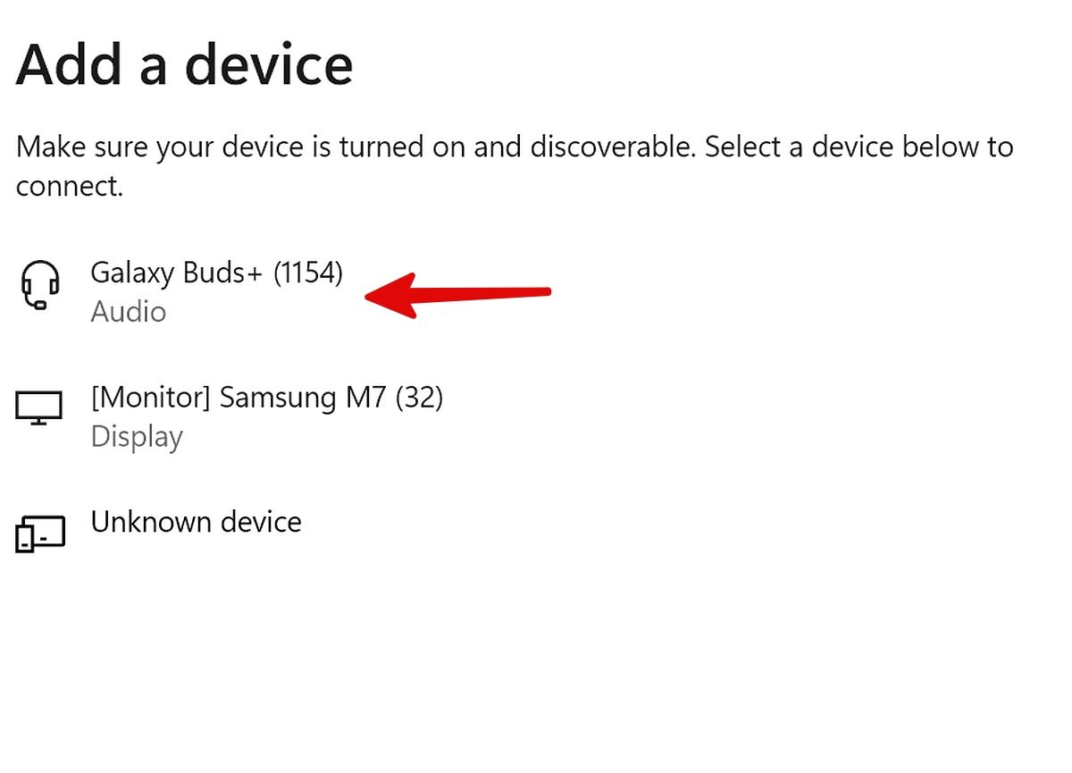 Opção para selecionar seus fones de ouvido Samsung no Windows.