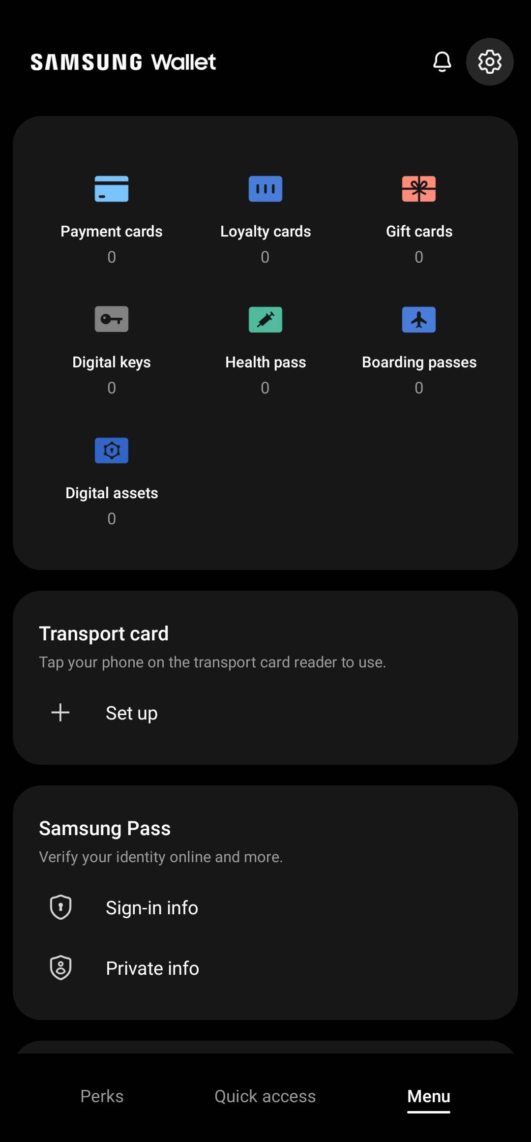 A captura de tela mostra a página do menu no aplicativo Samsung Wallet.  O ícone de engrenagem de configurações é exibido no canto superior direito.