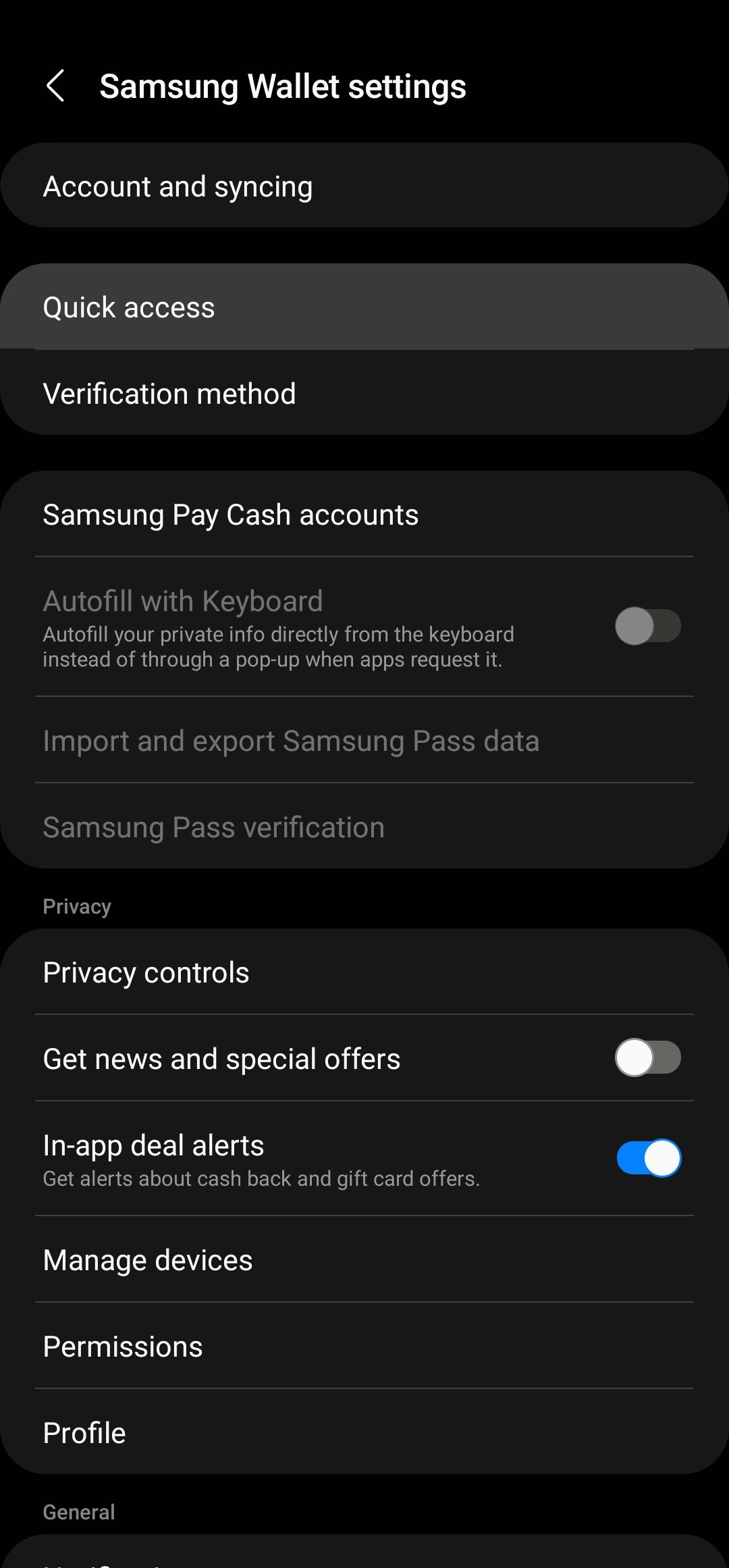 A captura de tela mostra a página de configurações do aplicativo Samsung Wallet.  A guia de acesso rápido está destacada.