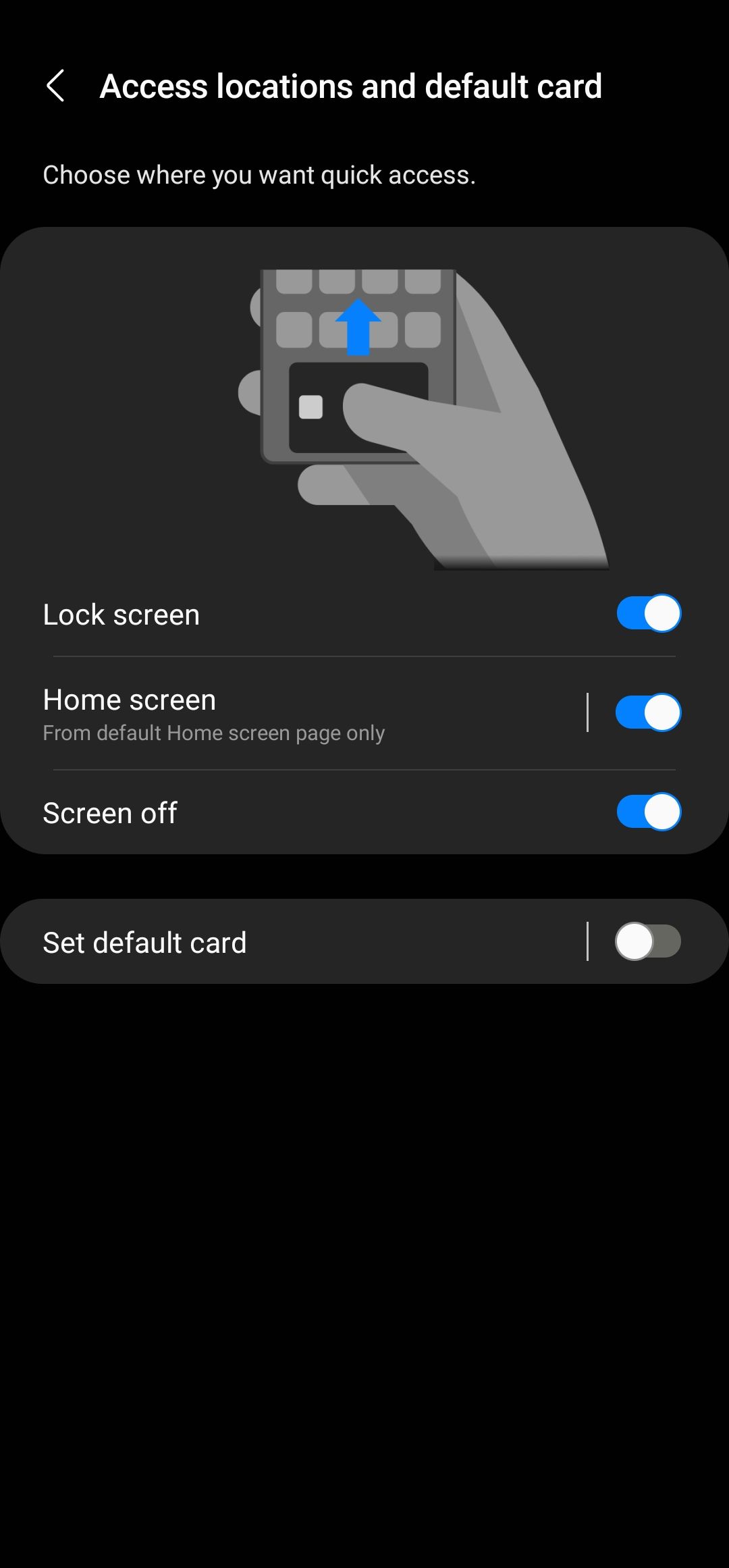 A captura de tela mostra os locais de acesso e a página padrão do cartão no aplicativo Samsung Wallet.  As opções estão disponíveis ao lado da tela de bloqueio, tela inicial e tela desligada.