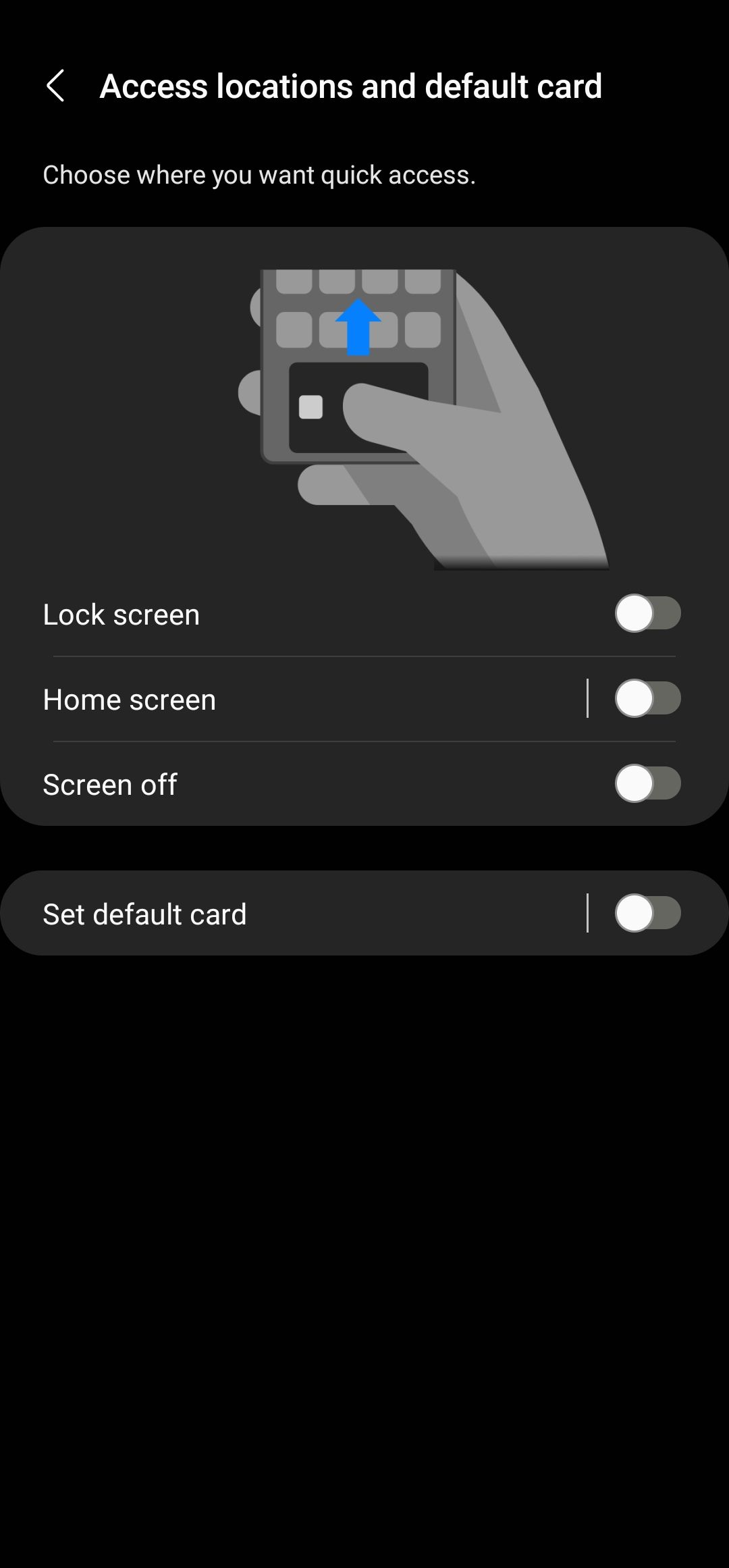 A captura de tela mostra os locais de acesso e a página padrão do cartão no aplicativo Samsung Wallet, todos os botões estão desativados.