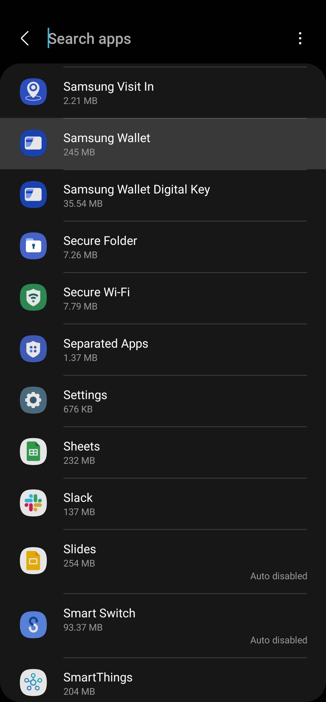 A captura de tela mostra a página Aplicativos nas configurações do Android.  A guia Samsung Wallet está destacada.