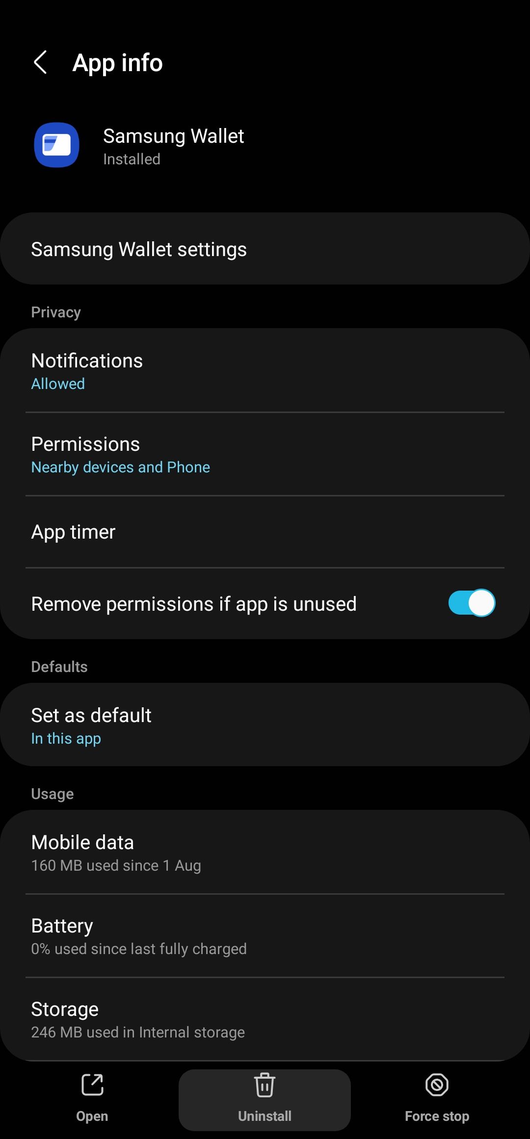 A captura de tela mostra a página de informações do aplicativo Samsung Wallet no Android.  O botão de desinstalação na parte inferior está destacado.