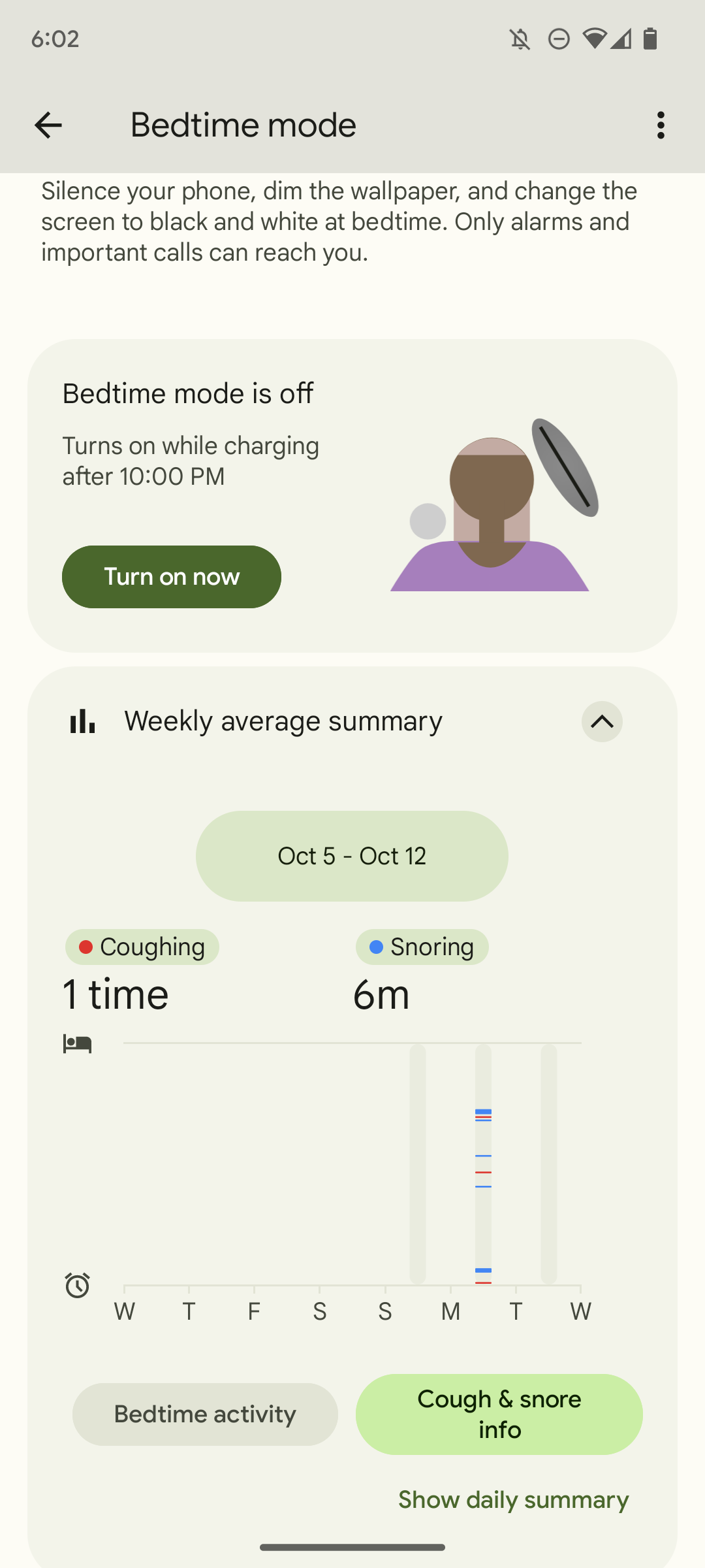 Captura de tela do modo hora de dormir do Pixel 7, mostrando a média semanal de tosse e ronco