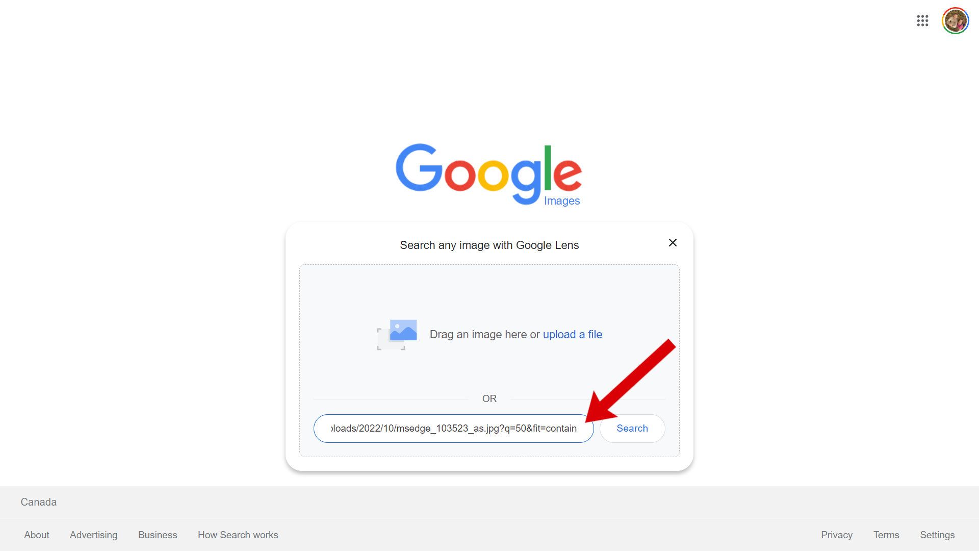 Uma captura de tela da janela de upload do Imagens do Google com uma seta apontando para a caixa do URL.