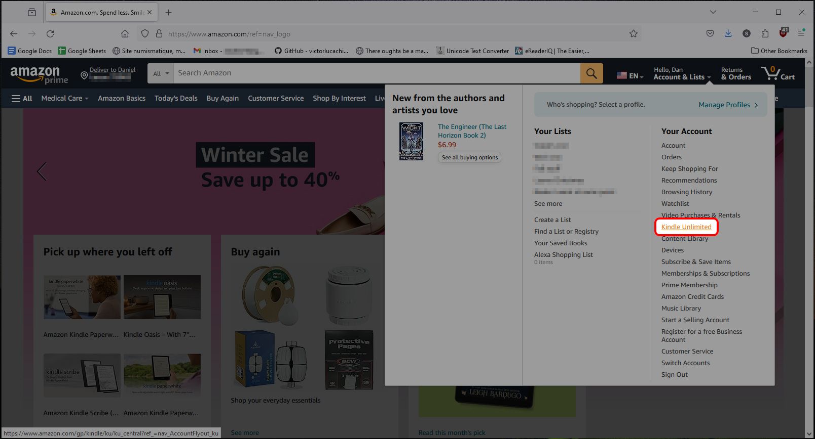 Lista suspensa de contas e listas da Amazon destacando a opção Kindle Unlimited
