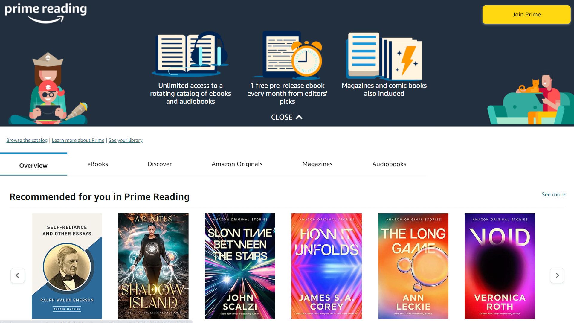 Uma captura de tela mostra o site Amazon Prime Reading.