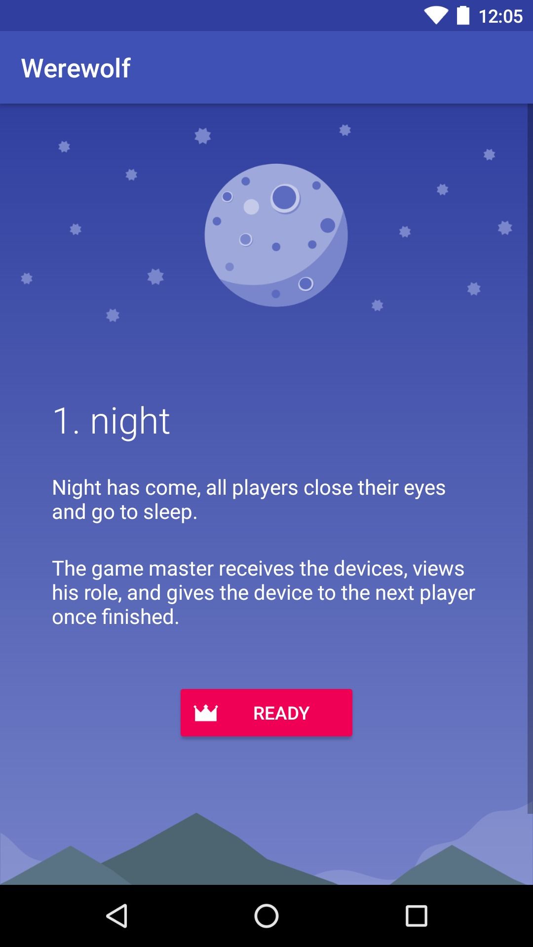 tela do aplicativo mostrando o céu noturno azul com lua e texto sobreposto