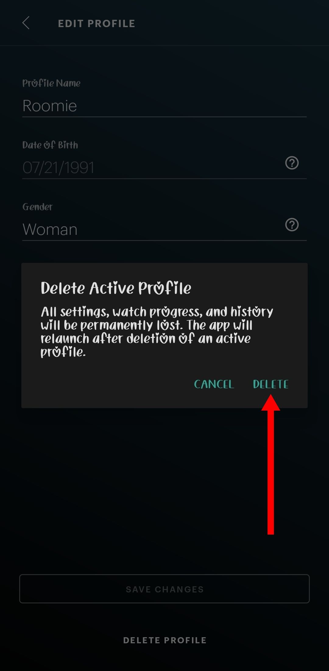 Captura de tela da confirmação de exclusão do perfil no aplicativo Hulu