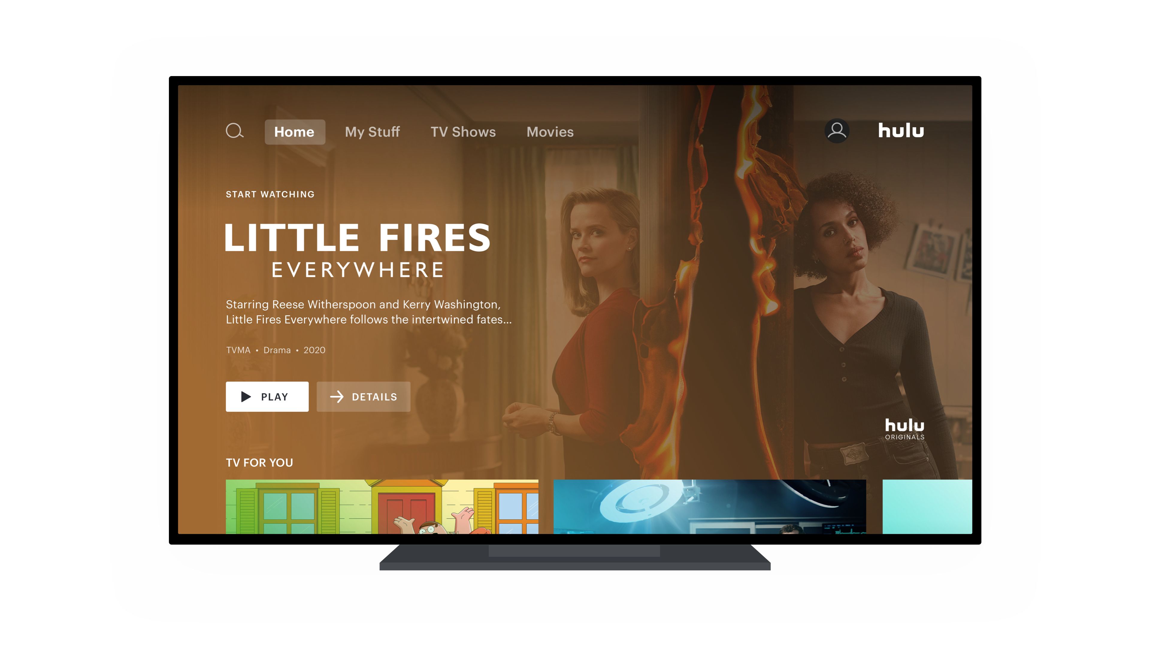 Aplicativo Hulu mostrando a tela da série Little Fires Everywhere em uma televisão