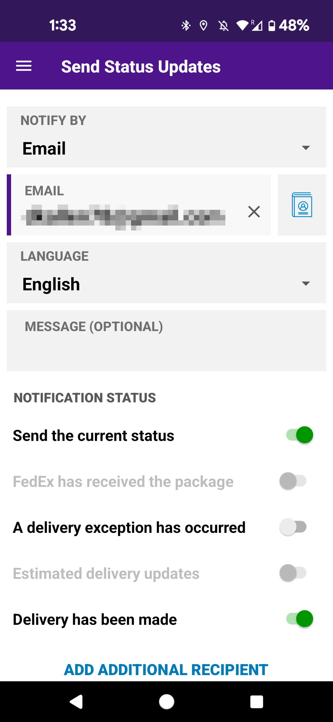 Página Enviar atualizações de status do aplicativo móvel FedEx