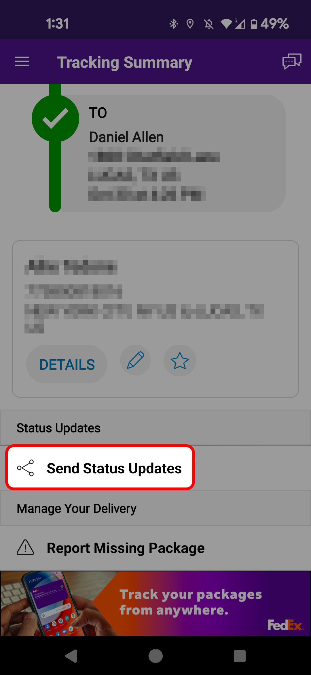 Página de resumo de rastreamento do aplicativo móvel FedEx destacando o botão Enviar atualizações de status