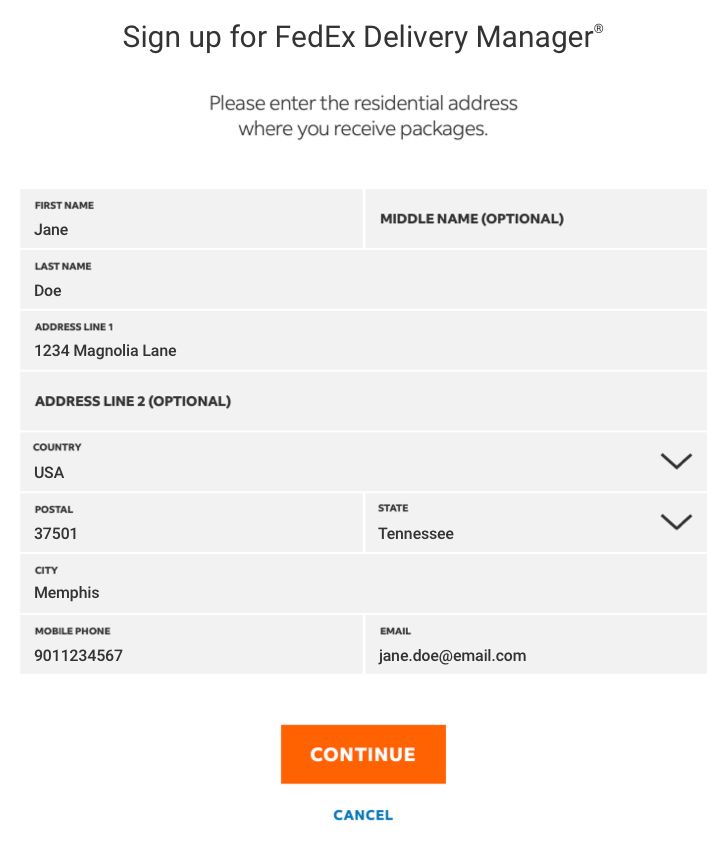 Menu de inscrição do FedEx Delivery Manager