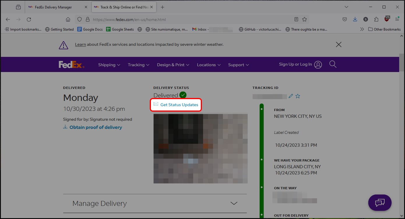 Página de detalhes de rastreamento da FedEx destacando a opção Obter atualizações de status