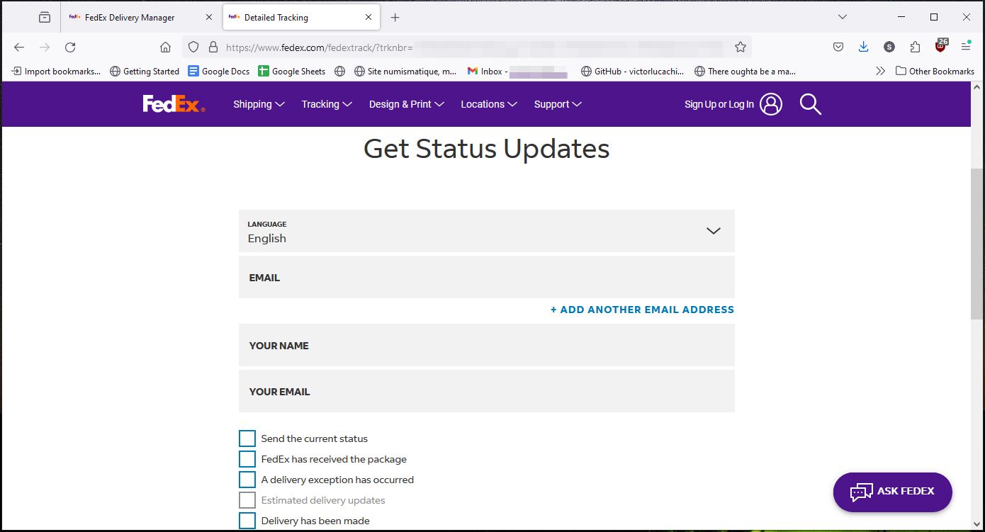 Página FedEx para obter atualizações de status
