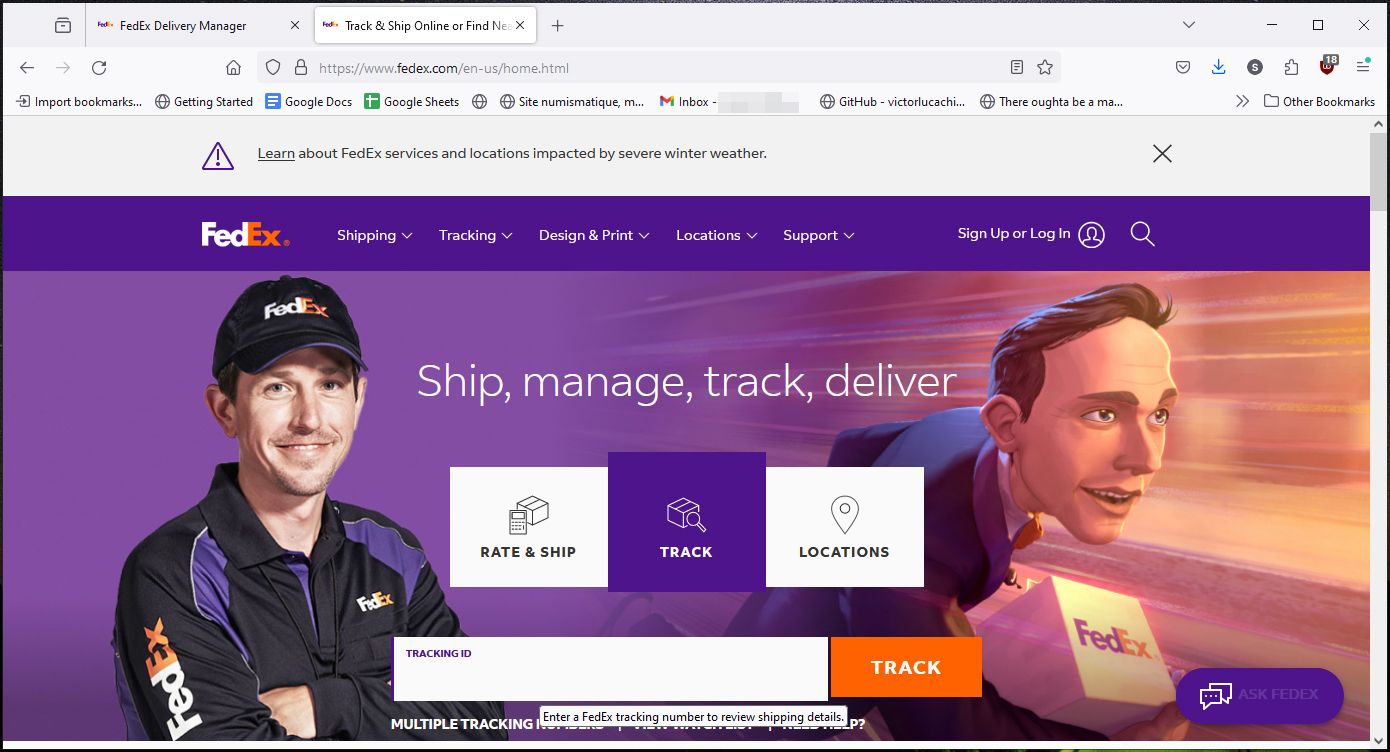 Página inicial do site da FedEx