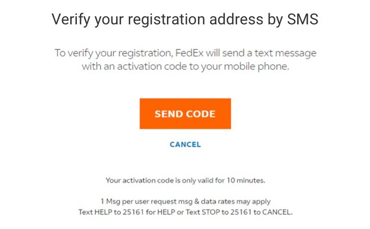 Botão de envio do código de verificação do FedEx Delivery Manager