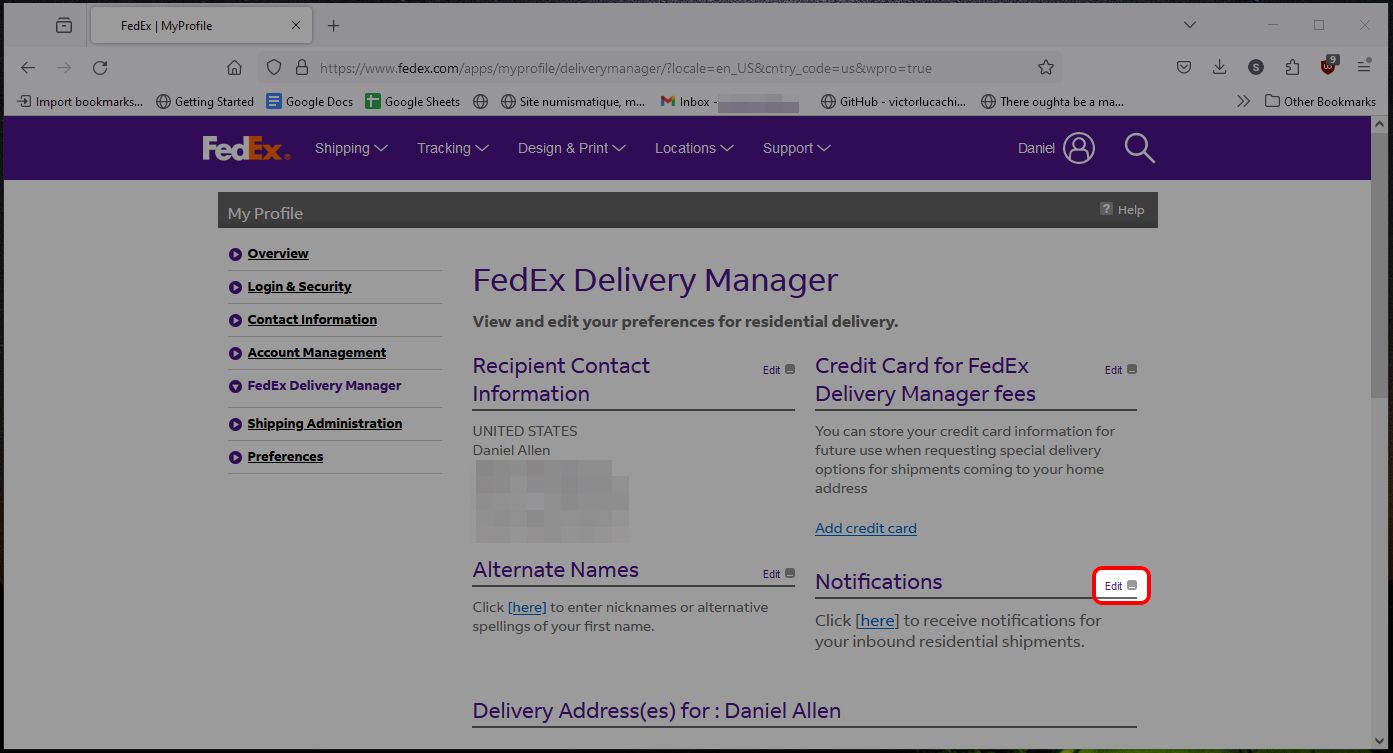 FedEx Delivery Manager destacando a opção Editar notificações