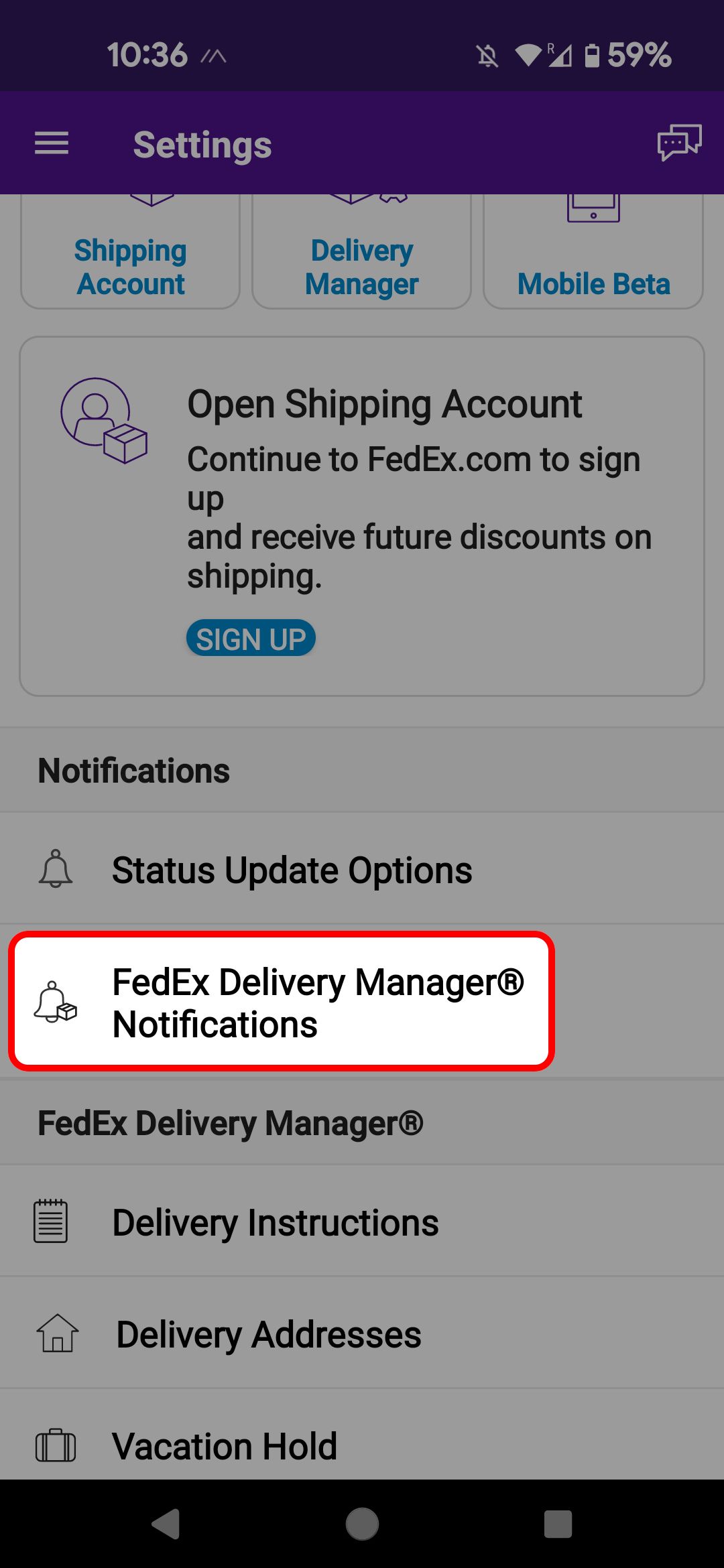 Menu Configurações do aplicativo móvel FedEx destacando a opção FedEx Delilvery Manager Notifications