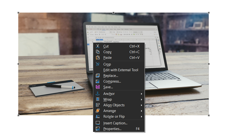 Captura de tela mostrando o menu para edição de imagem no LibreOffice
