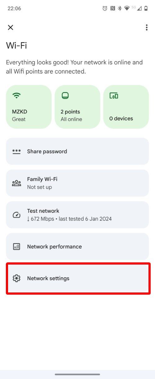 Captura de tela mostrando as configurações de rede do roteador Google Nest Wi-Fi