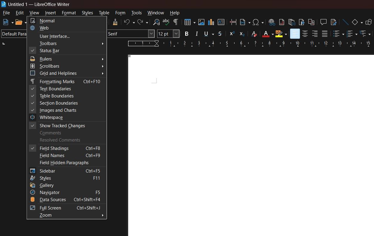 Captura de tela mostrando a barra de ferramentas do LibreOffice Writer com o menu Exibir aberto