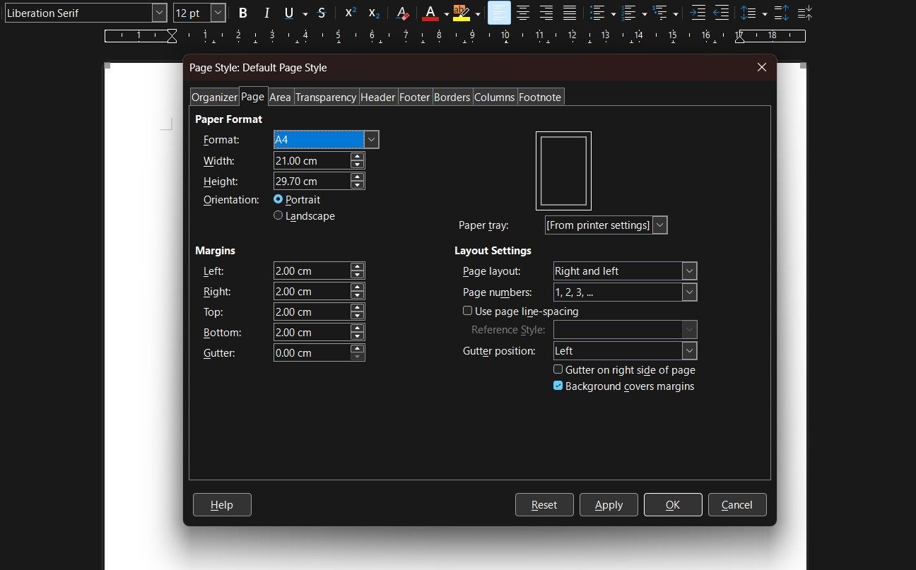 Captura de tela mostrando o menu Estilo de página do LibreOffice Writer