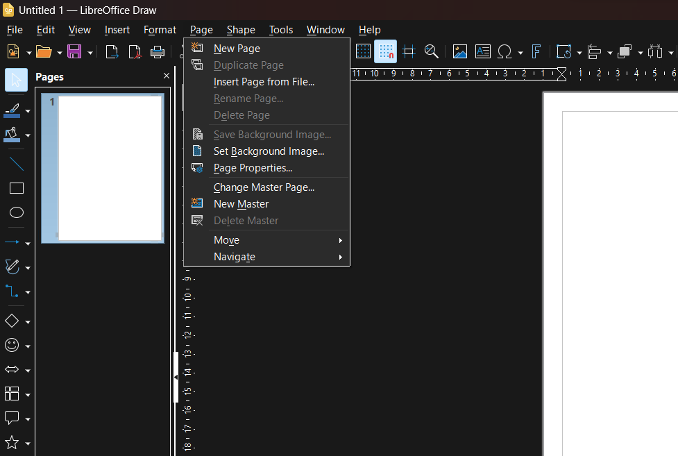 Captura de tela mostrando a guia Página do LibreOffice Draw na barra de ferramentas