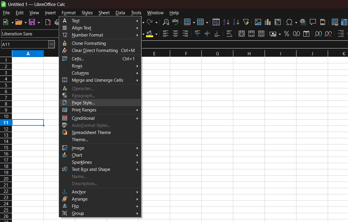 Captura de tela mostrando o menu de formatação do LibreOffice Calc