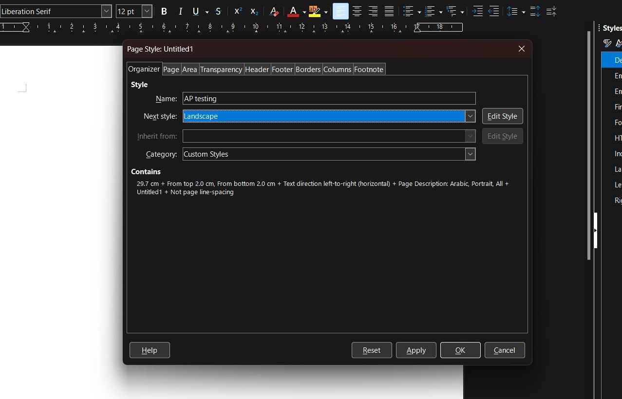 Captura de tela mostrando o novo estilo de página no LibreOffice Writer