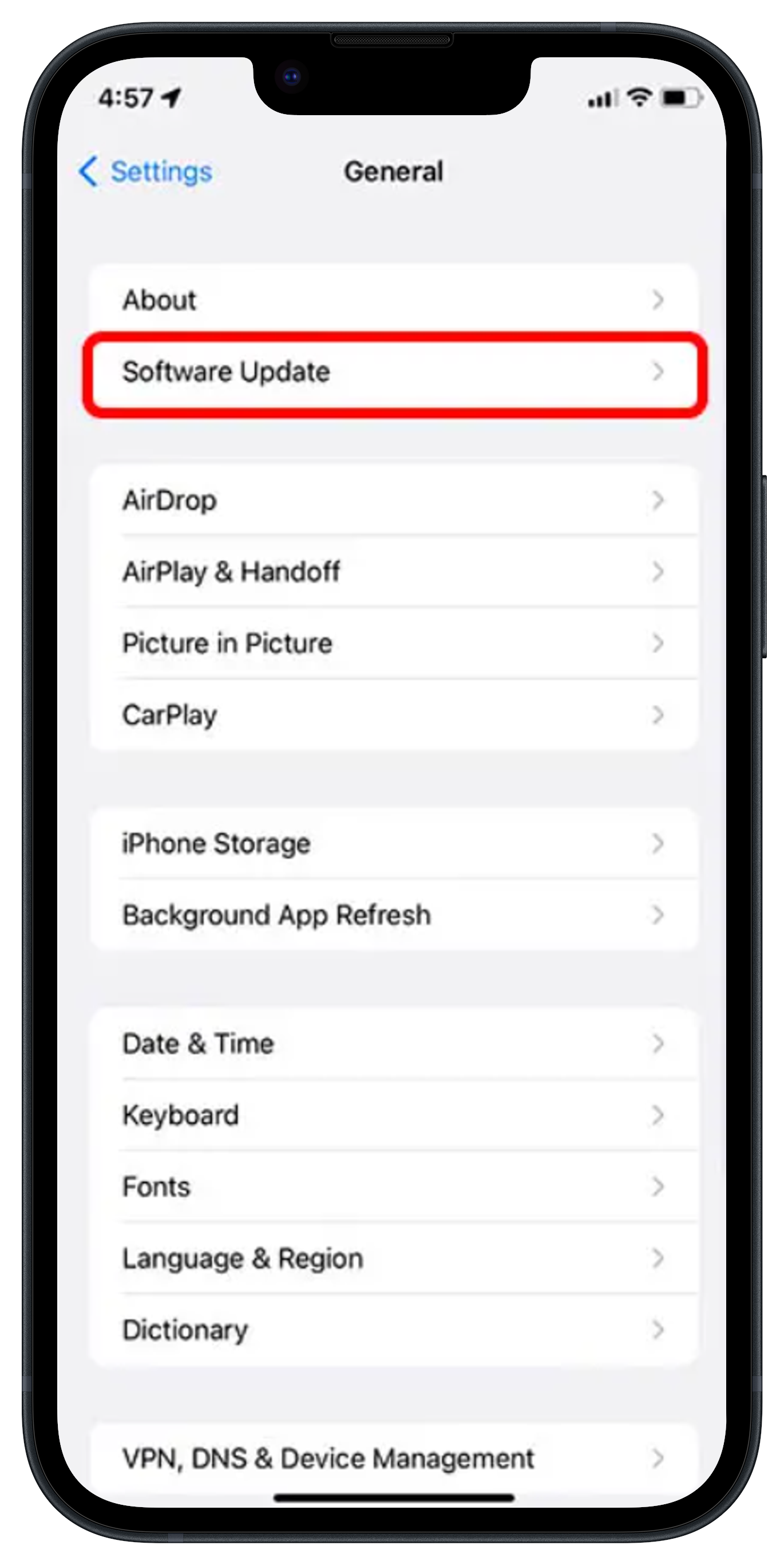 Captura de tela mostrando o menu de atualização de software do iPhone