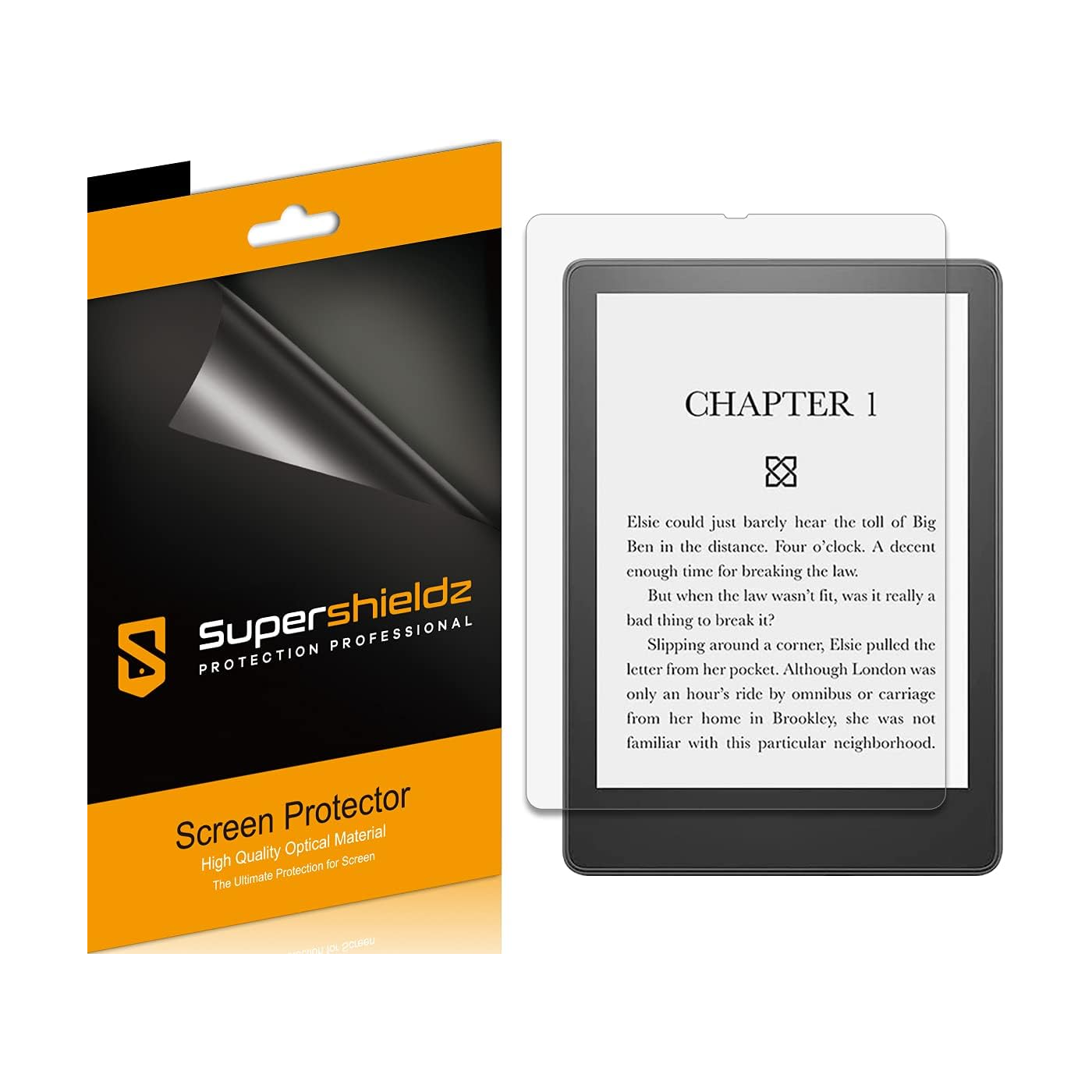 Protetor de tela Supershieldz Matte para Kindle Paperwhite, visualização sobreposta ao lado da embalagem
