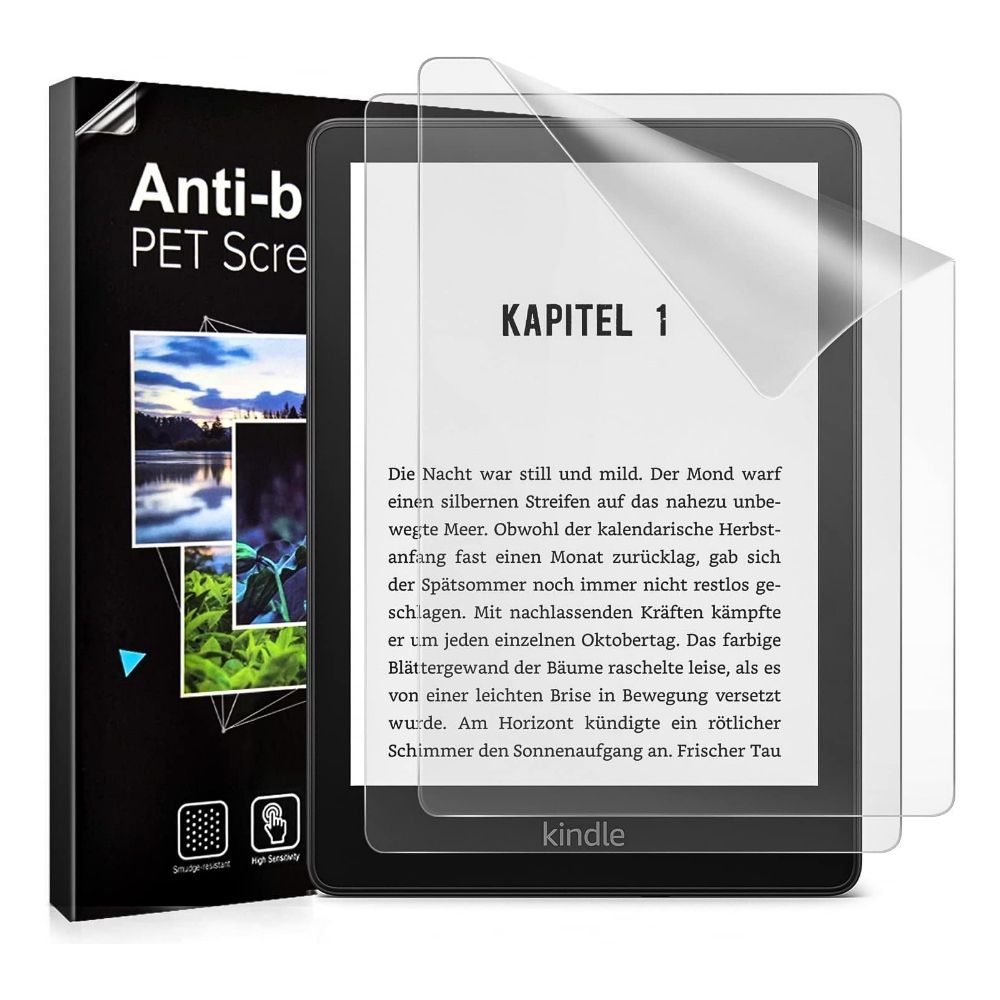 Protetor de tela TiMOVO para Kindle Paperwhite, visualização sobreposta ao lado da embalagem