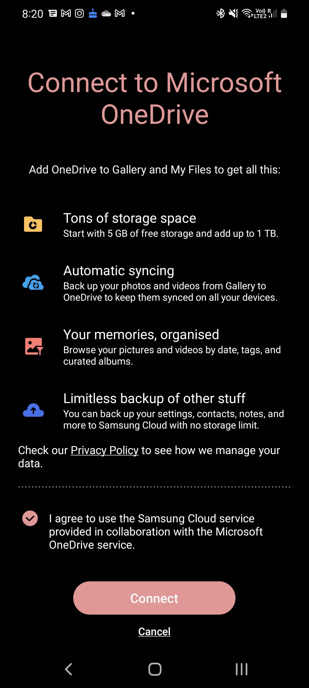 Conecte-se ao Microsoft OneDrive na Galeria Samsung