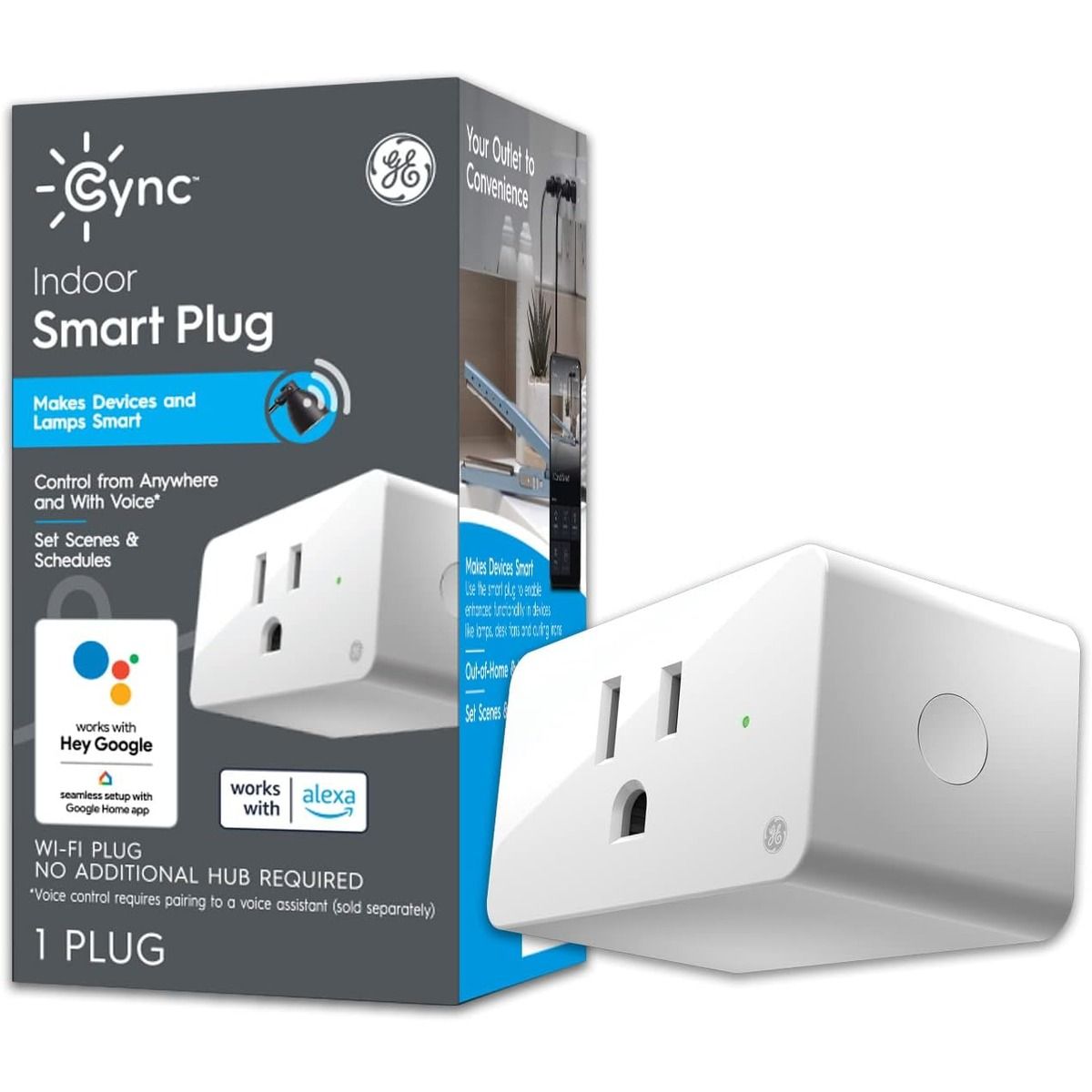 O Ge Cync Smart Plug contra um fundo branco