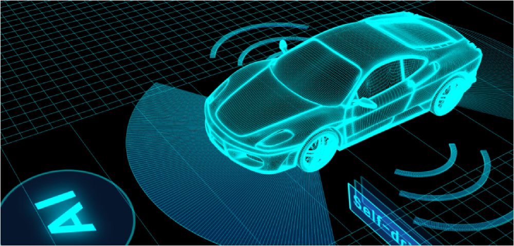 A imagem mostra um modelo holográfico de estrutura de arame ciano de um carro em um fundo de grade escuro, com um símbolo de ‘AI’ brilhante à esquerda e texto parcialmente visível sugerindo tecnologias de ‘condução autônoma’ à direita.