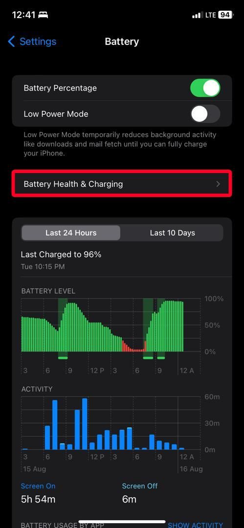 Menu Bateria no iPhone