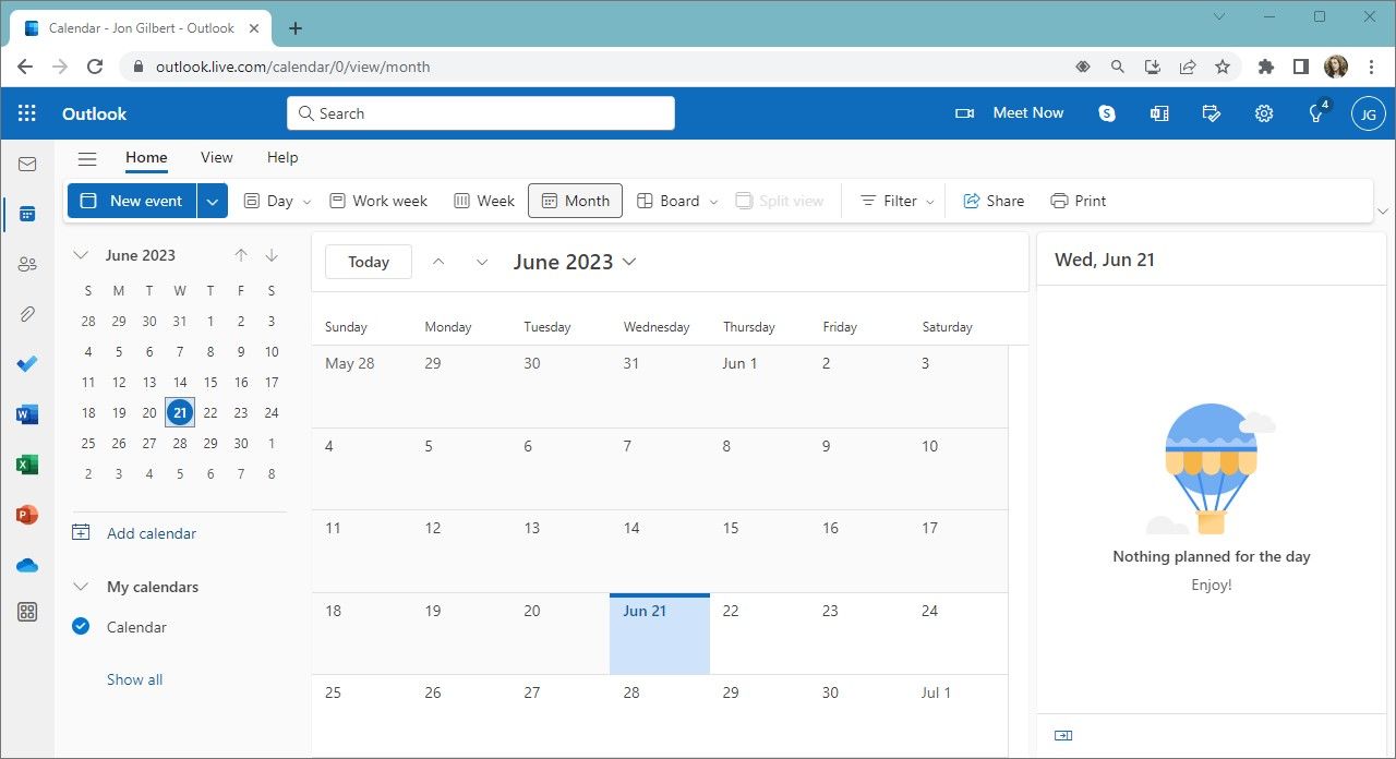 captura de tela do calendário do Outlook em um navegador de desktop
