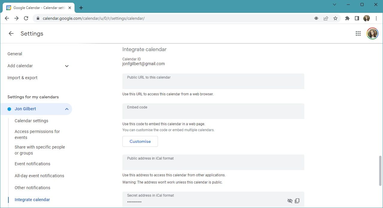 captura de tela das configurações do Google Agenda em um navegador de desktop