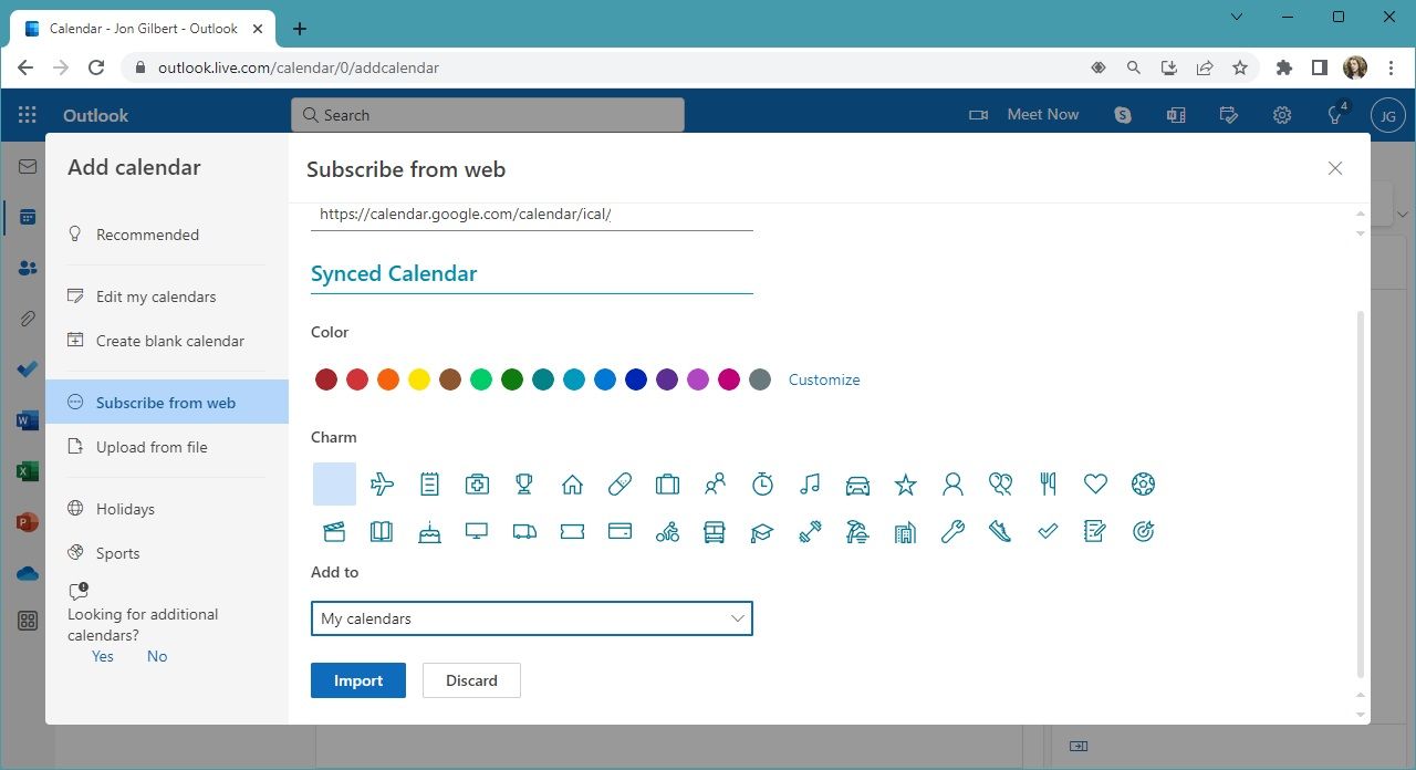 captura de tela das configurações de importação do calendário do Outlook em um navegador de desktop