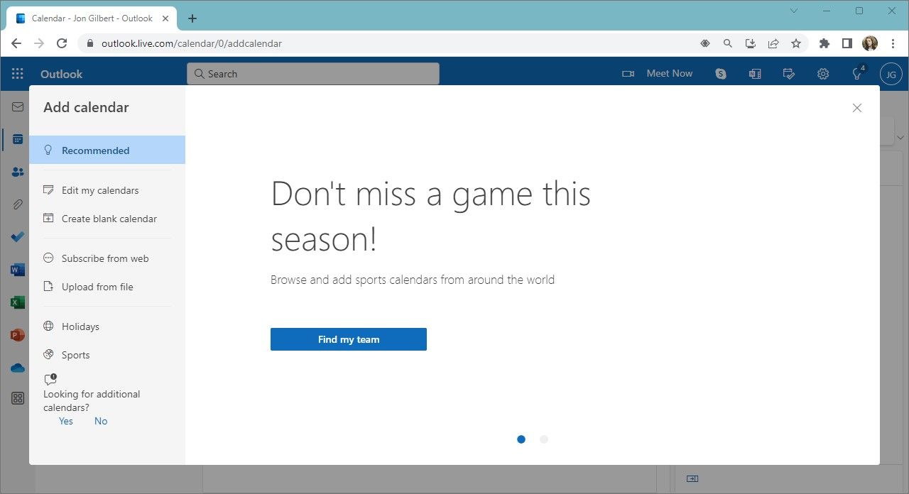 captura de tela do calendário do Outlook com janela pop-up em um navegador de desktop