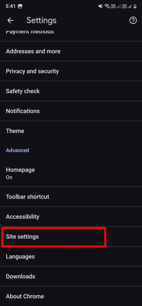 Captura de tela mostrando a opção Configurações do site no aplicativo Google Chrome para Android