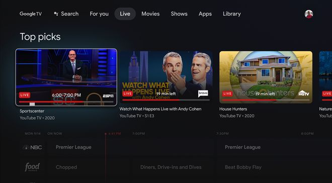 Captura de tela do Google TV mostrando as principais opções