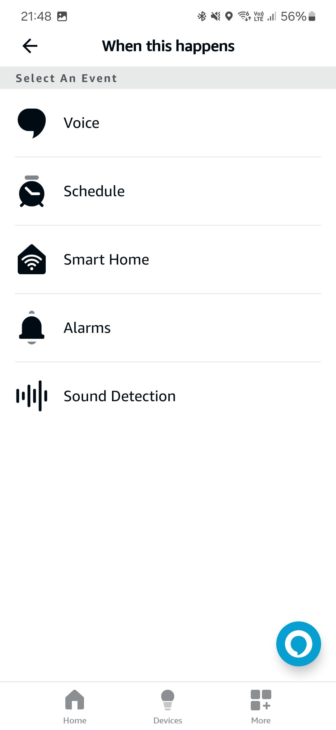 Captura de tela do aplicativo Alexa mostrando a tela de criação de rotina