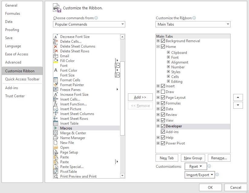 Captura de tela do aplicativo Microsoft Excel mostrando as opções de personalização da faixa de opções