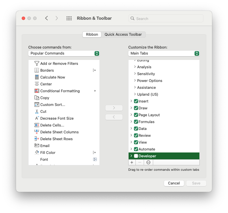 Captura de tela do aplicativo Microsoft Excel mostrando as opções de personalização da faixa de opções no Mac
