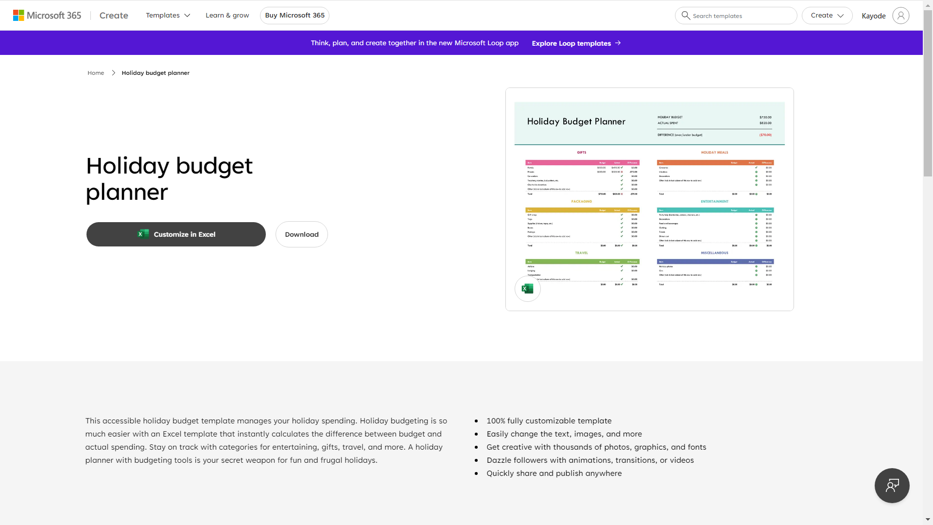 Um instantâneo de um modelo do Excel no site Microsoft Create 