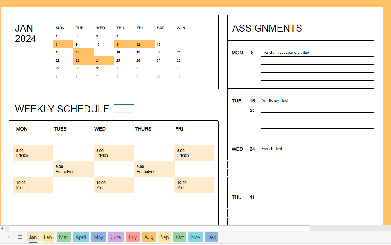 Modelo Excel de calendário estudantil
