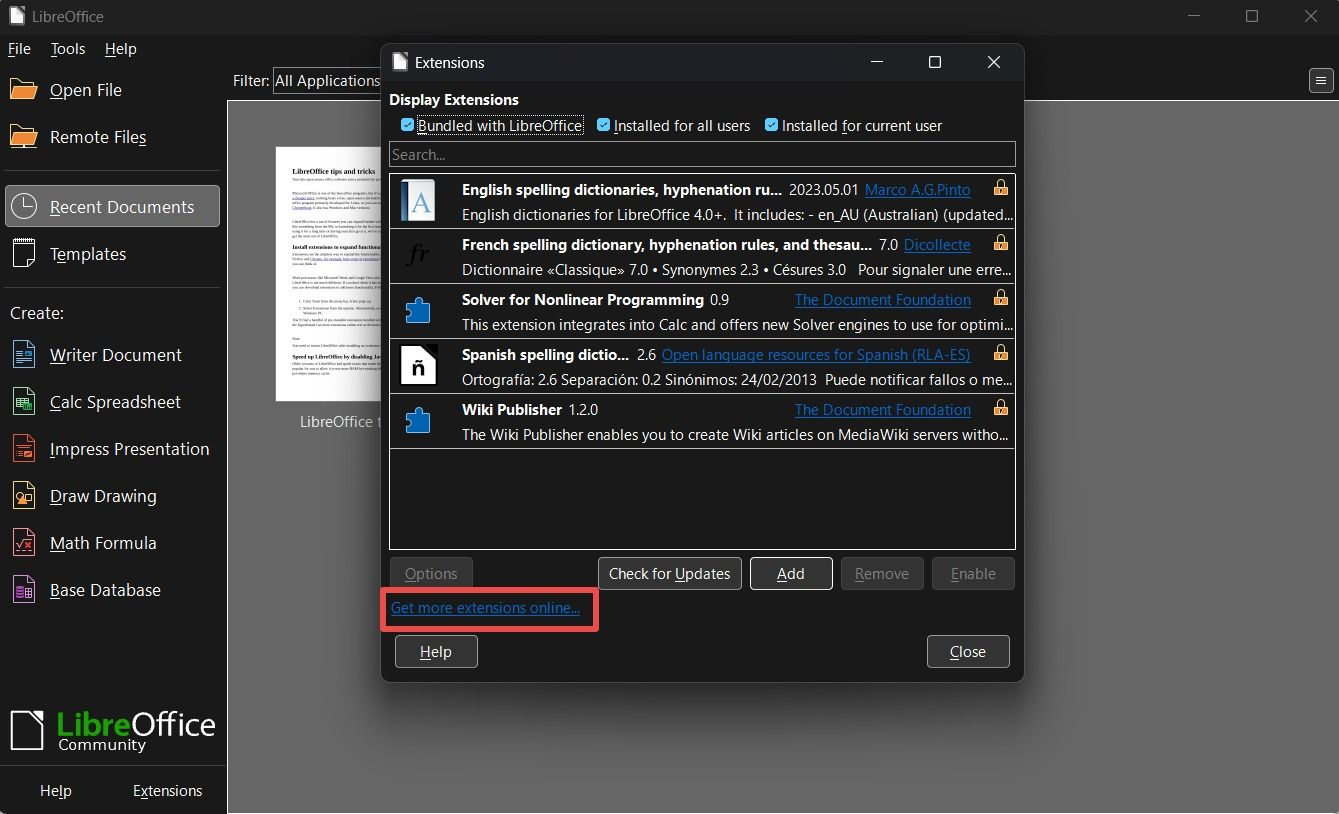 Menu de extensões do LibreOffice com botão de extensões online destacado