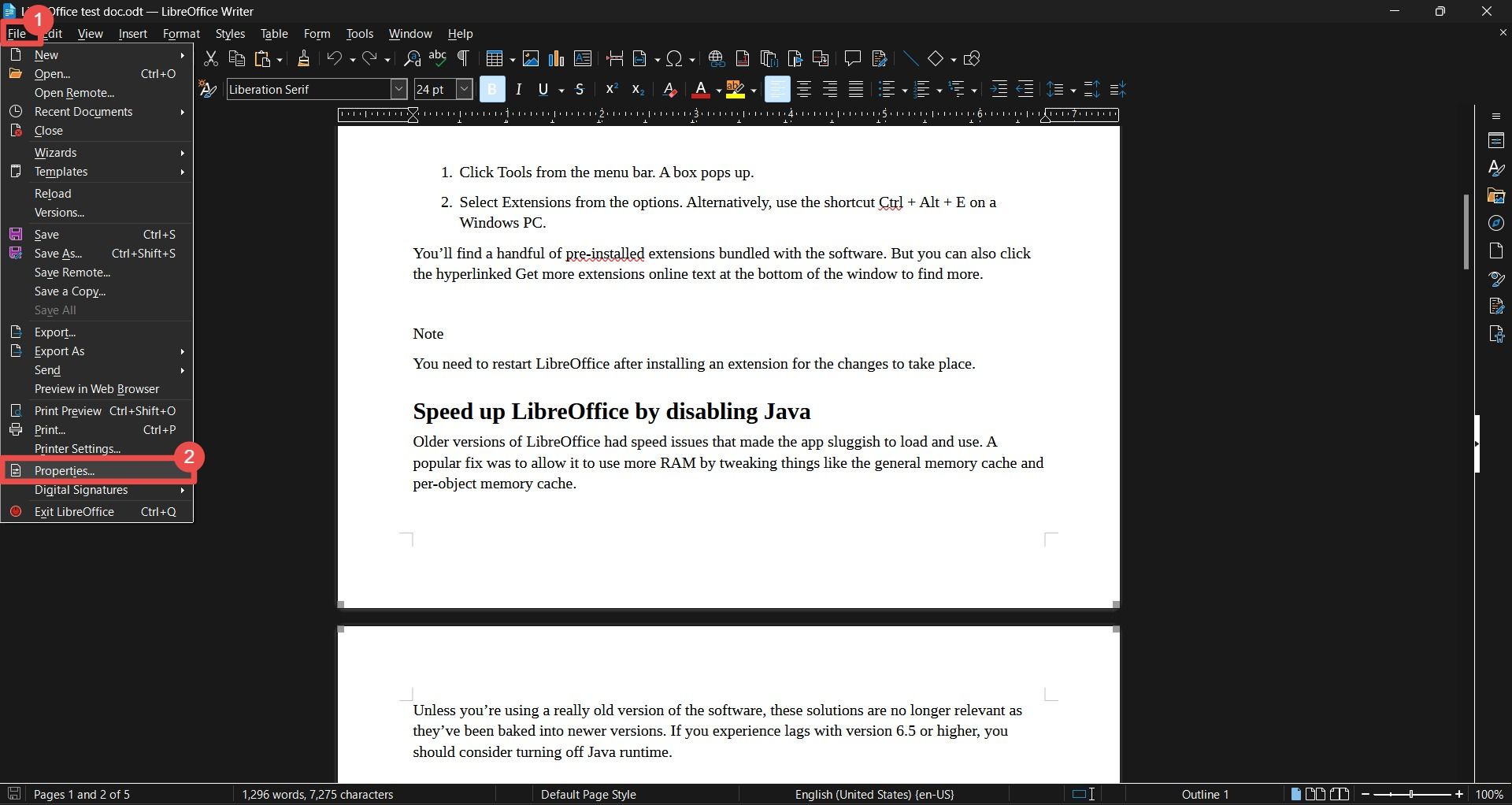 Menu suspenso Arquivo do LibreOffice com a opção Propriedades destacada